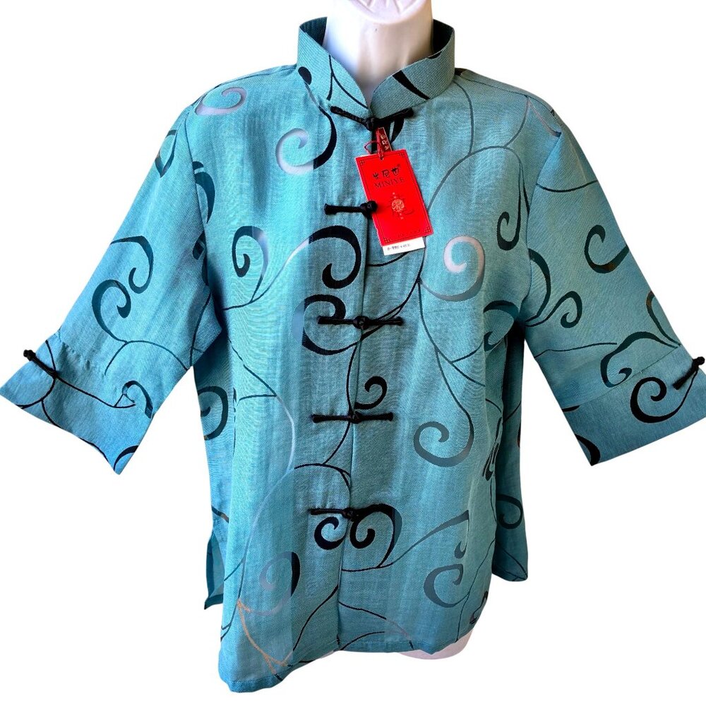 MINIYE Blue Blouse XL Cotton Silk Sheer Burnout Swirl Mandarin Frog Closure